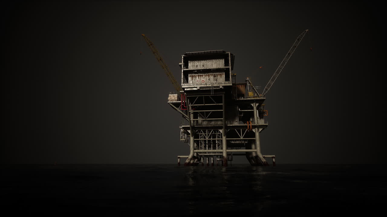 An oil rig stands tall in the ocean at sunset