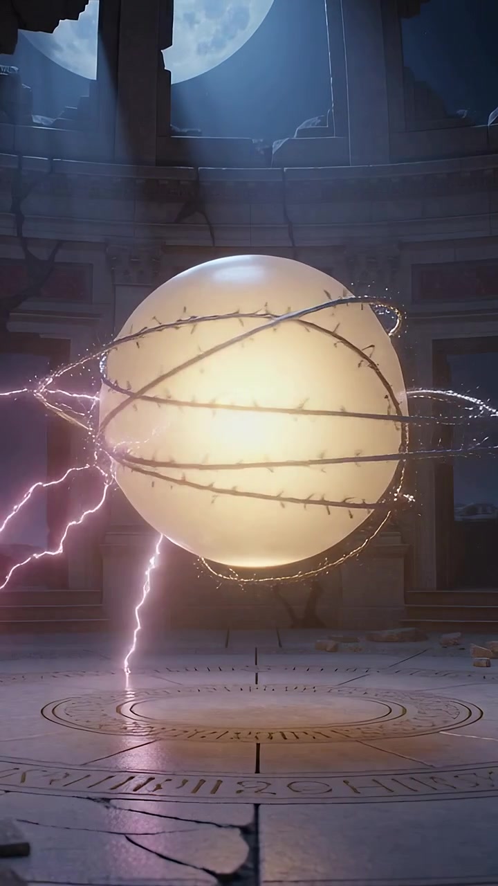 Video verticale: Arco luminoso proveniente da destra, una sfera che si alza in una cupola in rovina sopra un altare runico, bande che caricano le rune