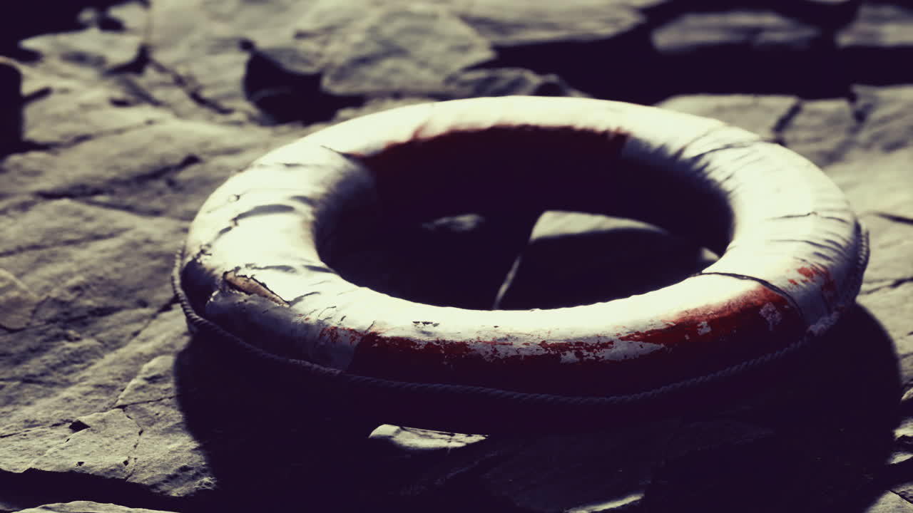 Lifebuoy resting on rugged rocks near shimmering water at sunset