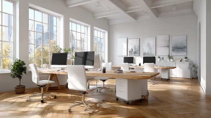 Spazio ufficio moderno con ampie finestre e arredamento elegante, caratterizzato da abbondante luce naturale e un'estetica minimalista per una maggiore produttività e creatività.