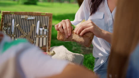 mother share sandwich between children on picnic. family eat snacks on nature.