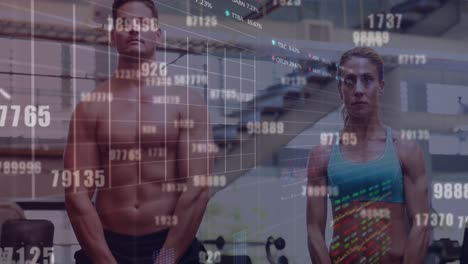 animación del procesamiento de datos sobre una pareja caucásica haciendo ejercicio en el gimnasio