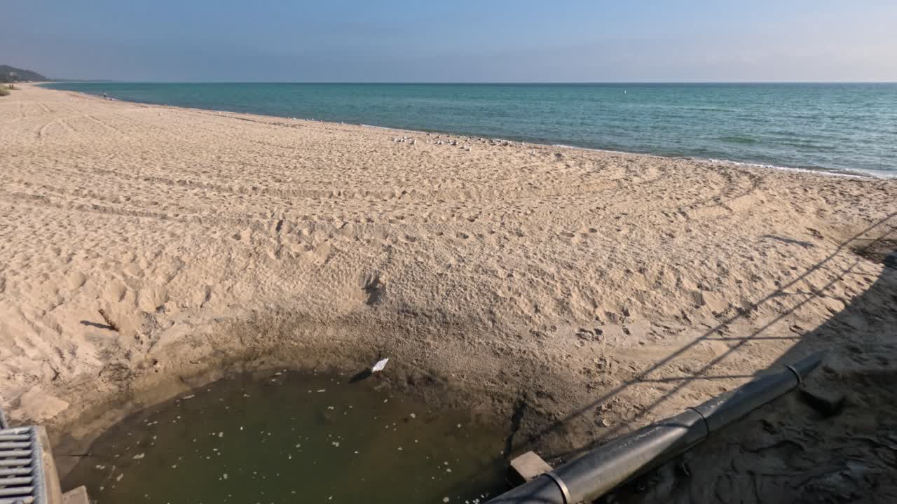 오염된 물이 모래 해변으로 흐르고 있습니다.