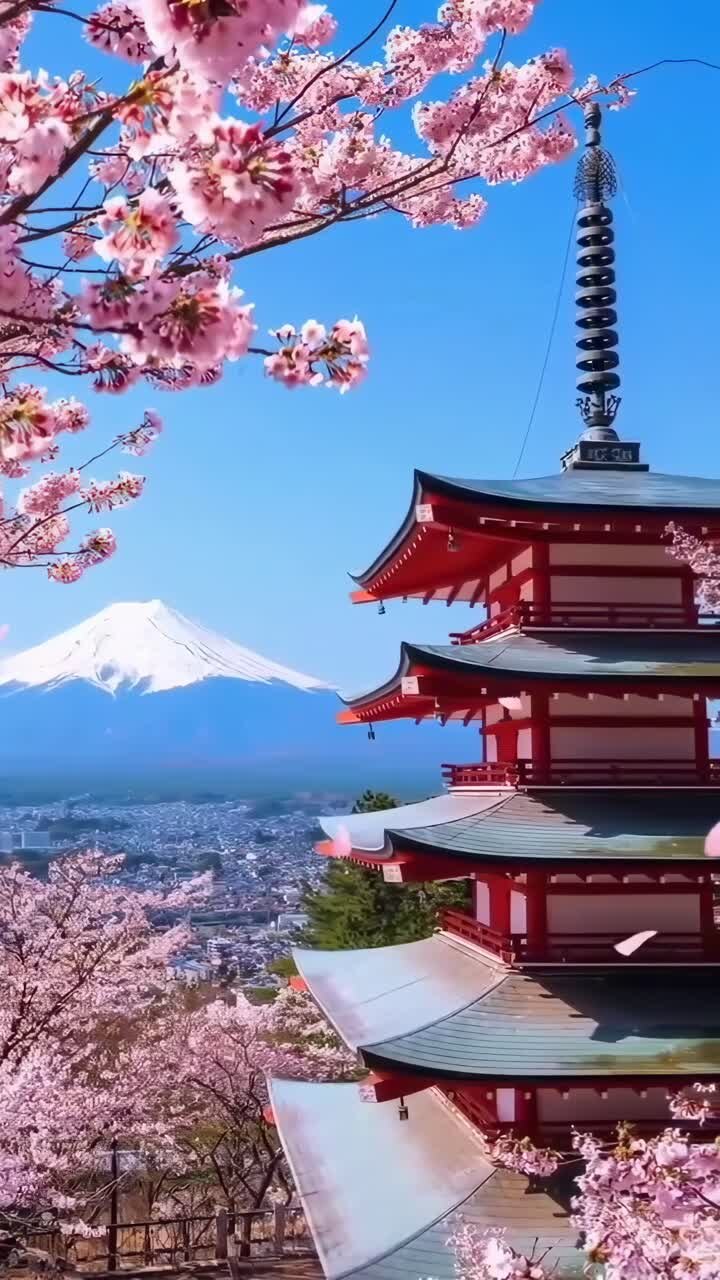 Un video panoramico di una pagoda e di fiori di ciliegio con il Monte Fuji sullo sfondo, ripreso dal basso