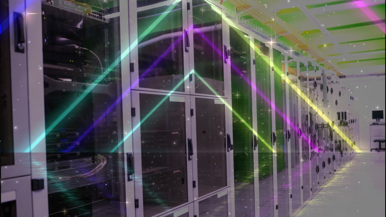 Animation of neon lines and stars moving over servers