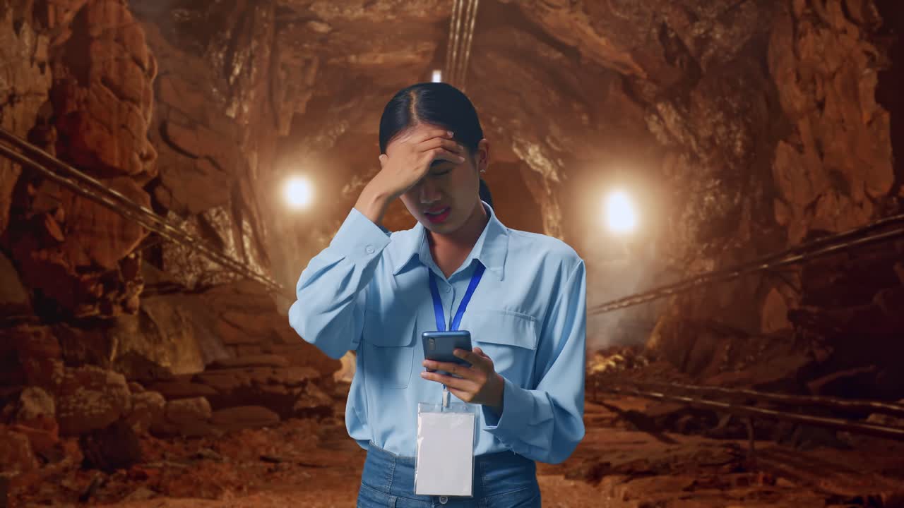 Asian Female With Her Smarphone In Underground Mine Tunnel, She Is Nodding Her Shead With Dissapionted