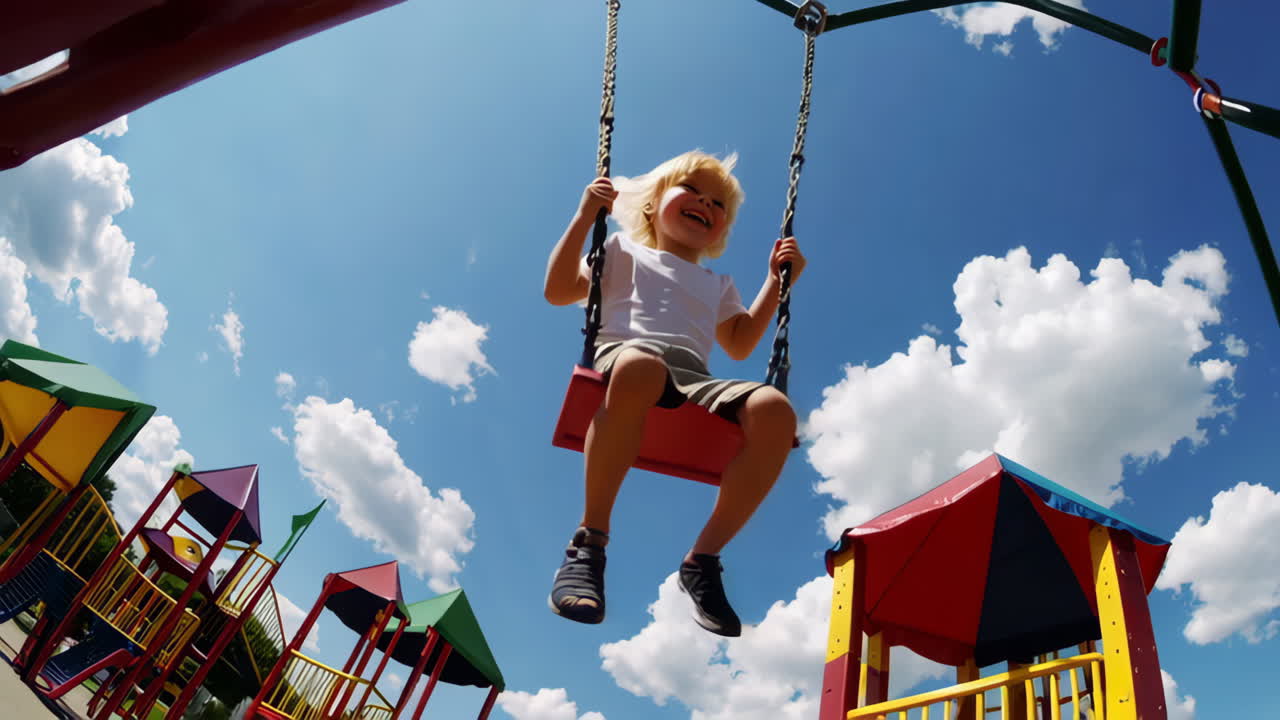 Happy child swinging high on a playground under a bright blue sky