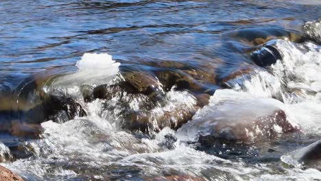 a clear river flowing over ice and snow covered rocks in early spring