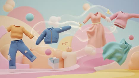 a whimsical display of floating fashion: enchanting garments in a dreamy pastel environment with soft textures and playful elements
