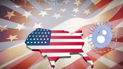 animation of coronavirus cells over usa map coloured with american flag