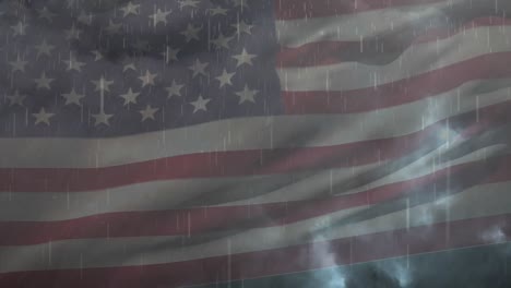 Digital-animation-of-thunder-storm-and-rain-in-night-sky-against-waving-american-flag