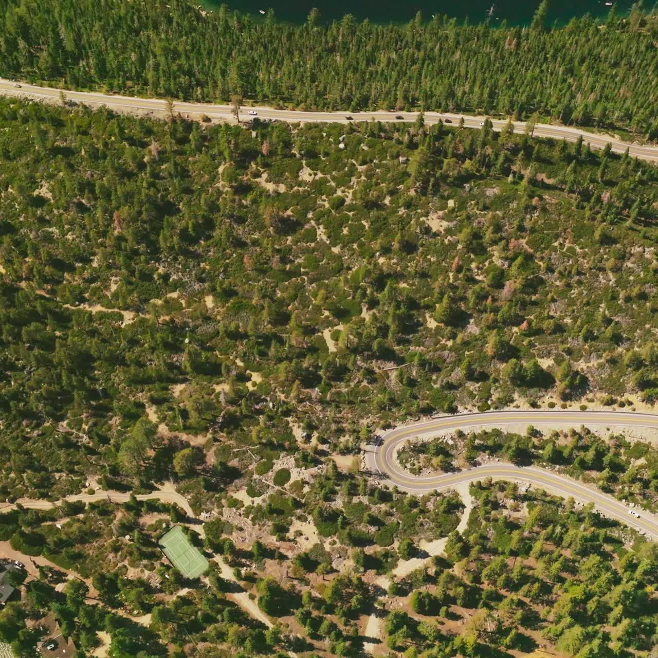 Rocky landscape of the shore overgrown with pine trees and green grass. Wavy road crossing the forest at the bank of the lake
