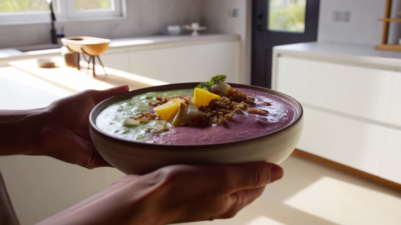 Primo piano di una mano che tiene una ciotola viola per la colazione guarnita con frutta e semi, in una moderna cucina illuminata dal sole con un'isola bianca e una leggera sfocatura dello sfondo.