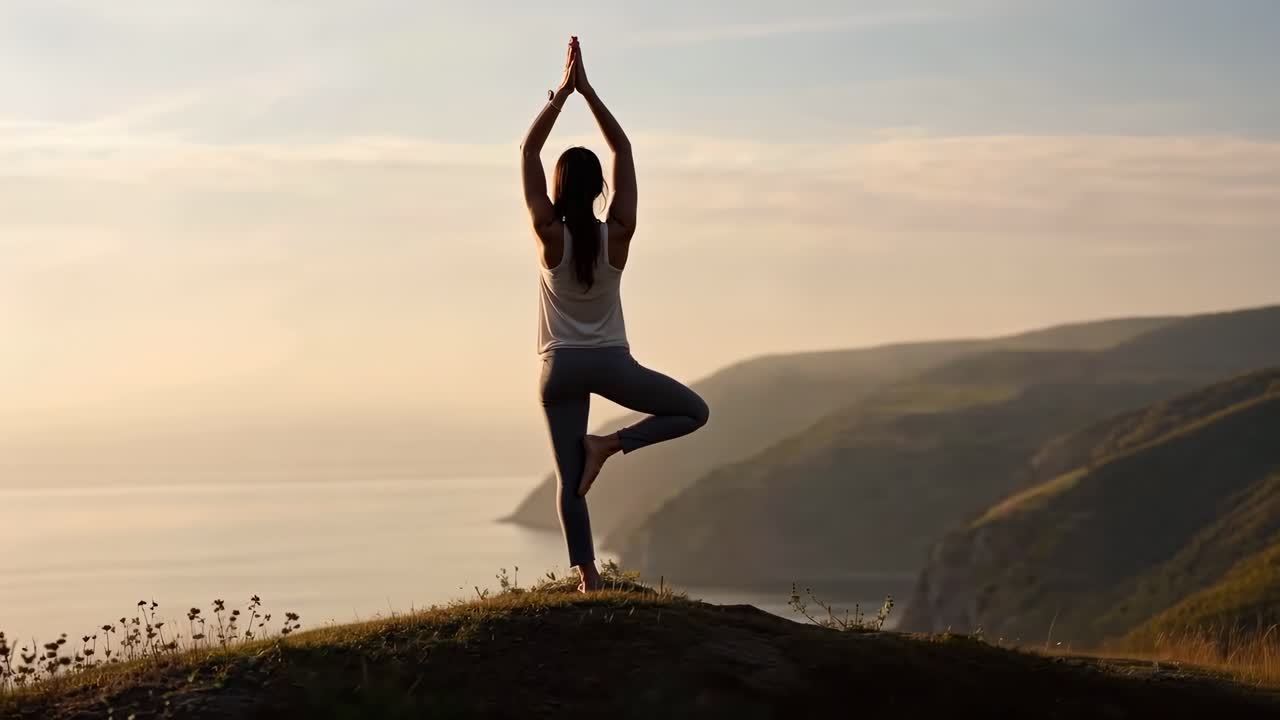 A serene video captures a woman practicing yoga on a cliff at sunset. Shot from behind at a low