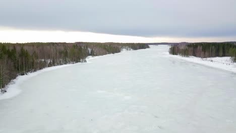 aerial drone shot of frozen winter lake