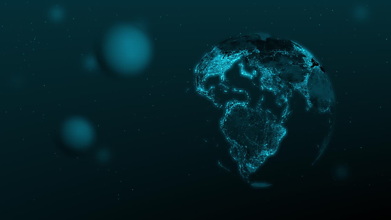 An animation of a partially opaque Earth in a night setting, slowly rotating over a moving abstract teal background with particles and bokeh elements