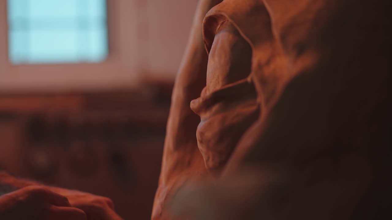 moldes artesanos estatua de gran ojo de arcilla, manos hábiles en el estudio