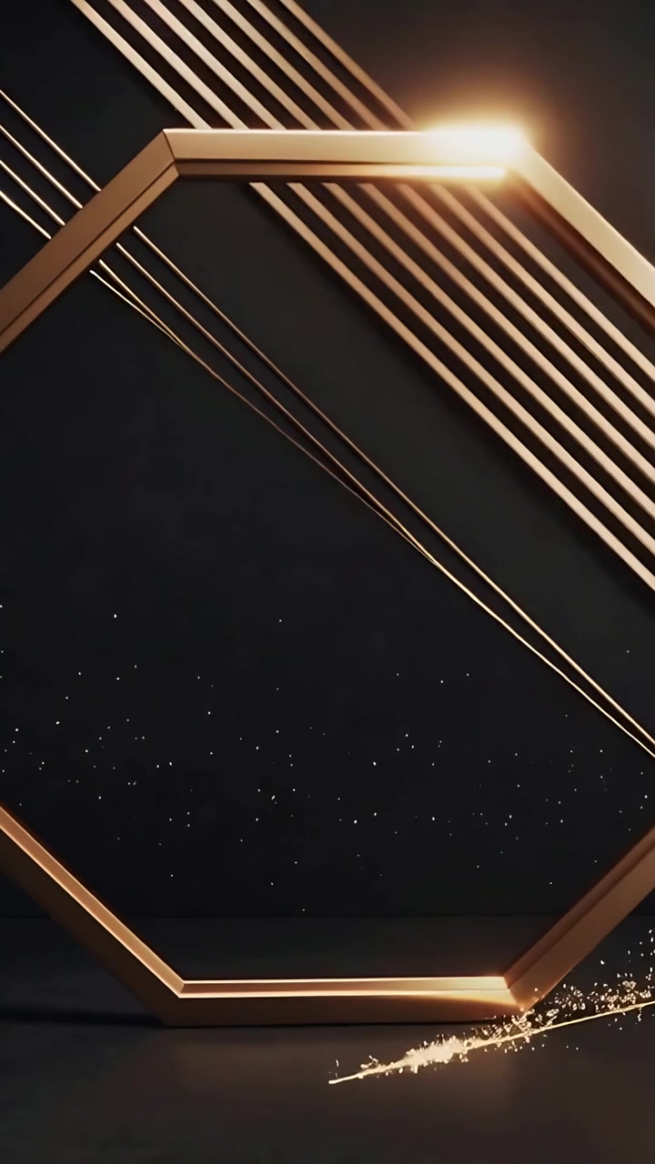 Vídeo vertical: Luz cintilante perto do canto inferior direito, movendo-se ao longo de um hexágono de metal iluminando barras angulares