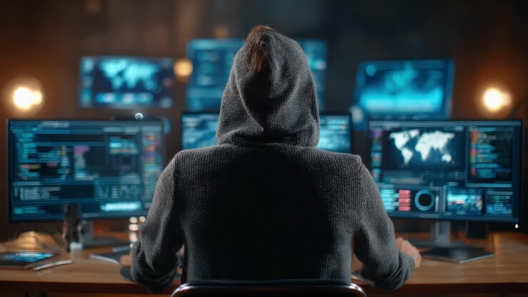 Una figura misteriosa con una felpa con cappuccio è immersa nel mondo digitale, circondata da diversi schermi che mostrano dati complessi e attività informatiche, evocando un senso di intrigo e segretezza