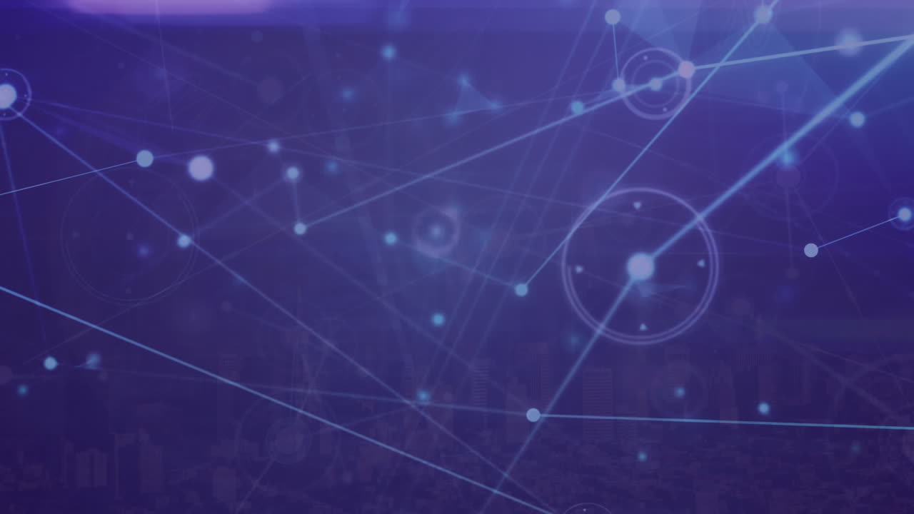 animación de la red de conexiones y senderos de luz azul contra la vista aérea del paisaje urbano