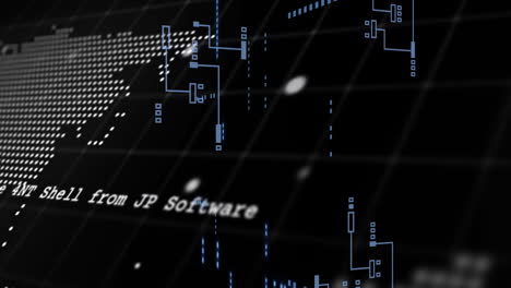 Animation of digital data processing over world map and black background