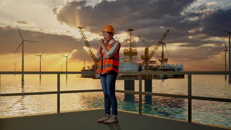 full body side view of asian female engineer with safety helmet pray for something while standing with hydrogen production