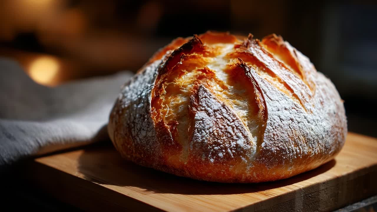 A Golden-Brown Artisan Bread Loaf, Freshly Baked with a Perfectly Crispy Crust and Lightly Dusting of Flour, Showcasing Texture and Deliciousness on a Wooden Board