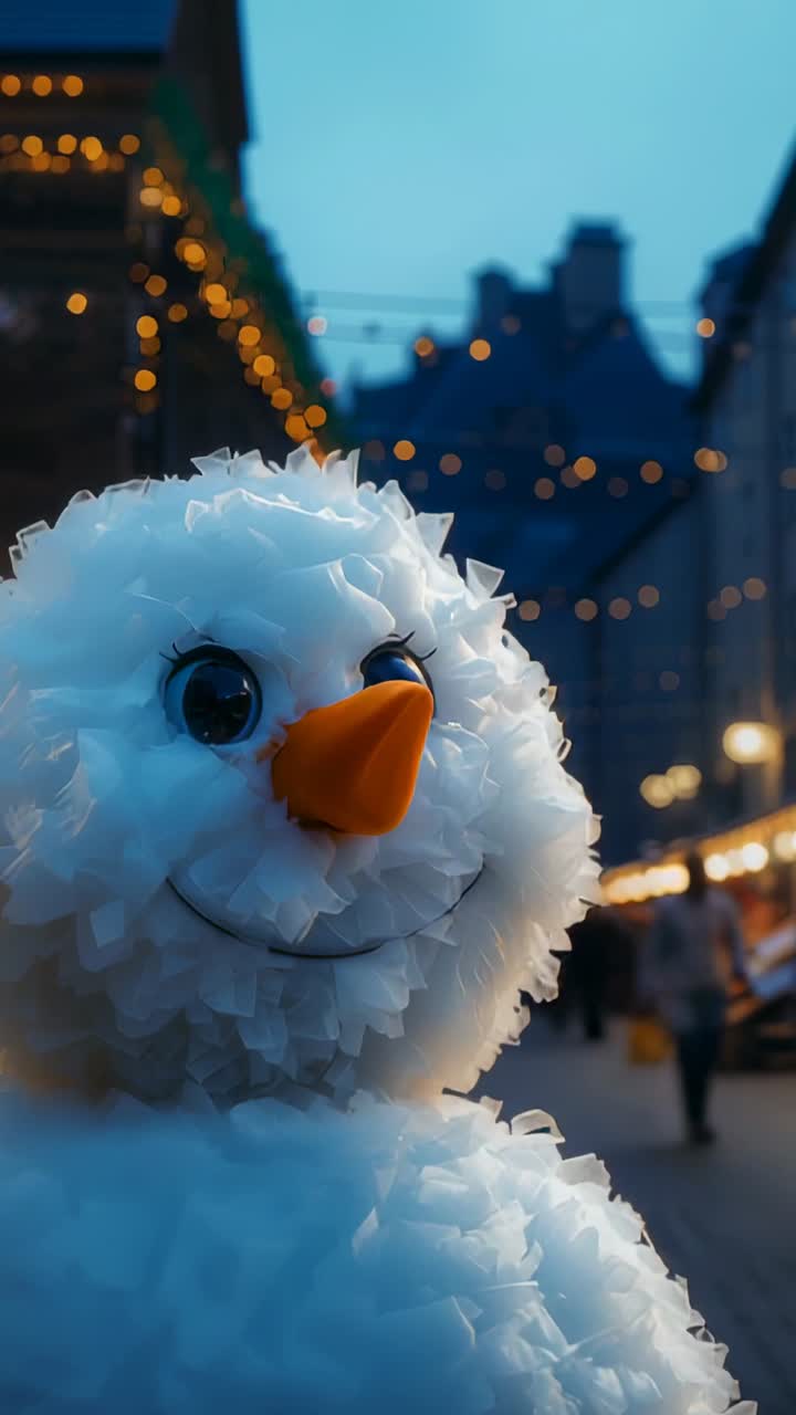 Vertical video: Tilting camera capturing snowman ornament and string lights at town square dusk