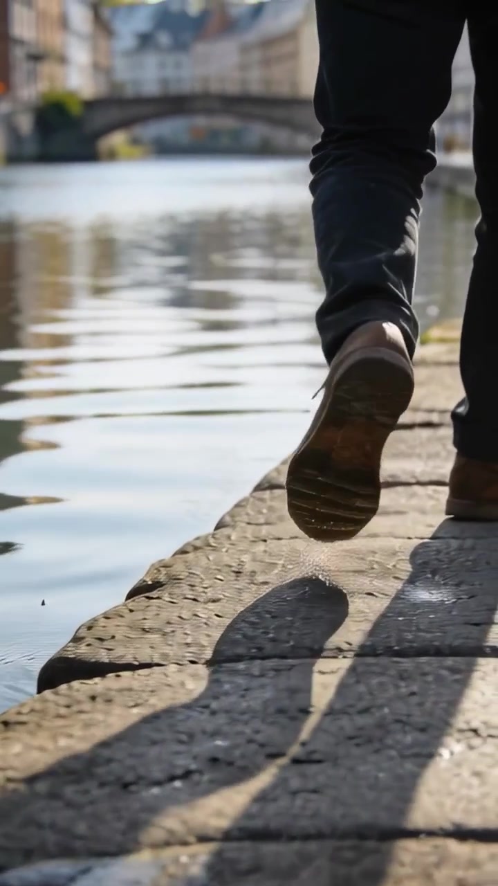 Vertikales Video: Ein Mann in hochgekrempelten Hosen und braunen Stiefeln betritt einen Kai, geht zu einer Brücke und erzeugt dabei Wellen.