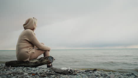 a woman in a warm sweater sits on a log on a rocky seashore where a storm begins