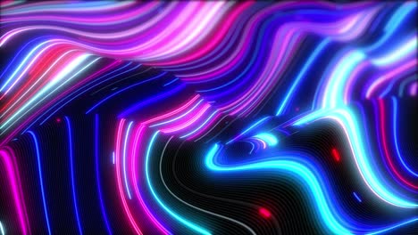 curvas fluorescentes de neón coloridas animadas que se mueven en el fondo de la franja oscura