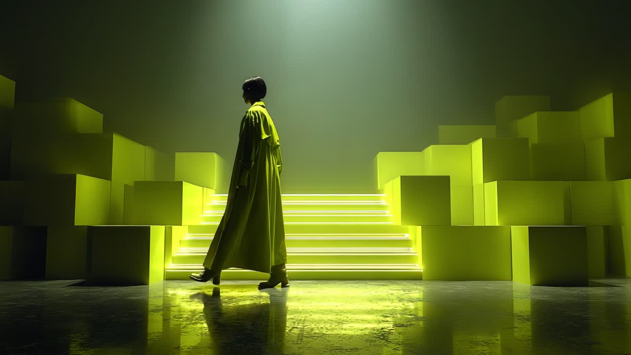 Woman Walking on Illuminated Geometric Stairs