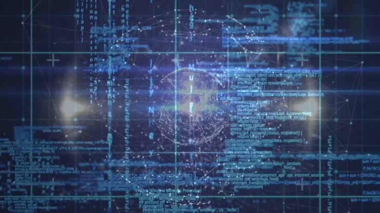 Animation of network of connections, globe and data processing in digital space