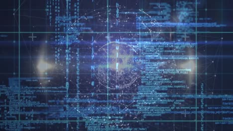 Animation of network of connections, globe and data processing in digital space