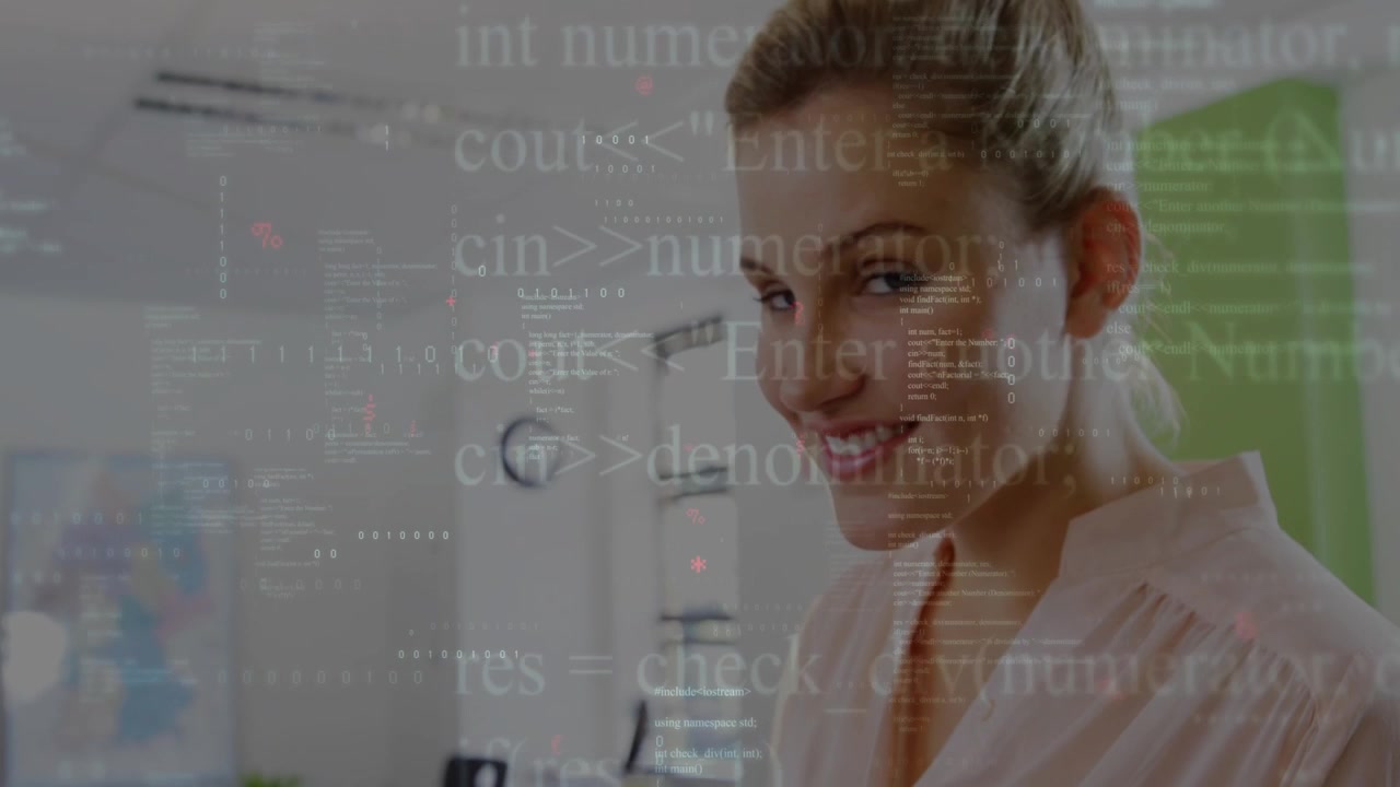 Woman tapping and swiping tablet in business office, code streams animating into interactive charts