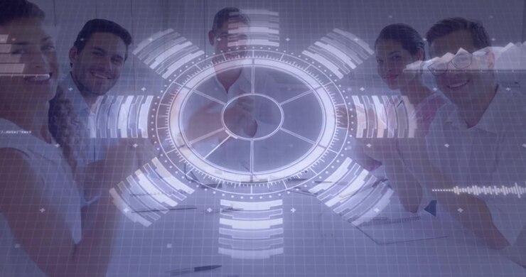 Business team collaborating around meeting table, showing circular chart and bar graph HUD overlay