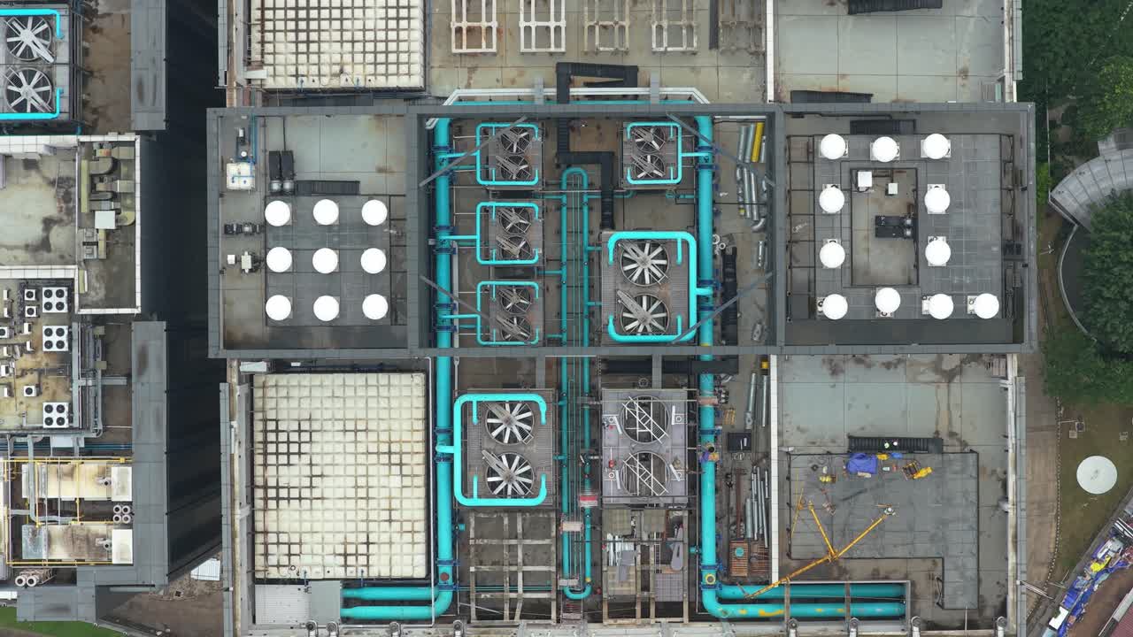 Aerial View of Complex Rooftop with HVAC and Cooling Systems