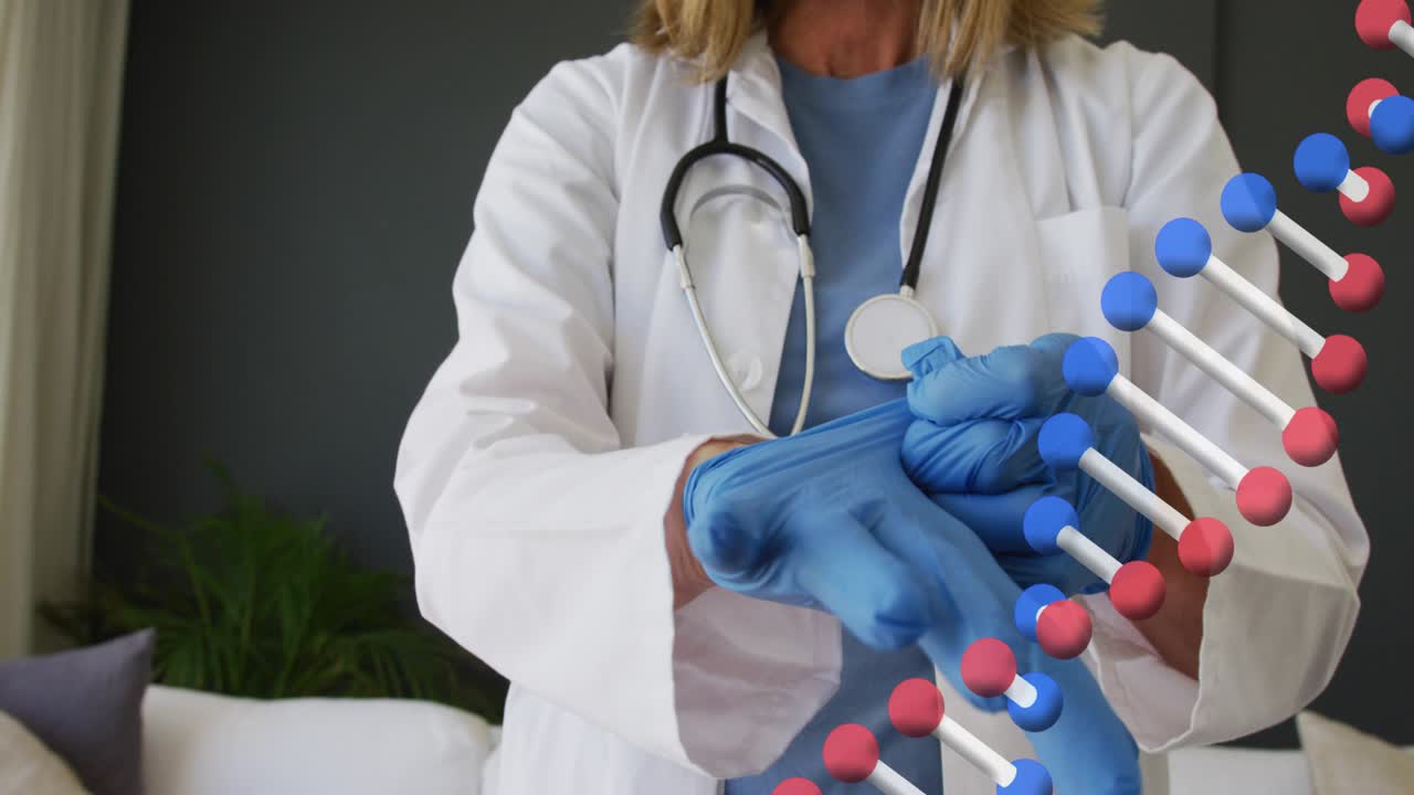 Kvinnelege klinikar med blå hanskar justerer passformen medan DNA-helix over hendene for klinisk førebuing