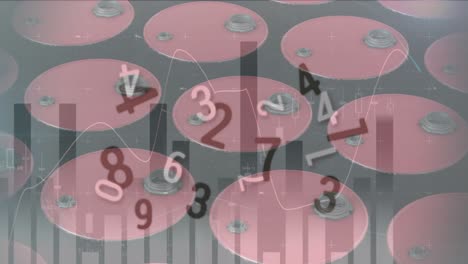 animation of numbers, statistics, financial data processing over red barrels of petrol