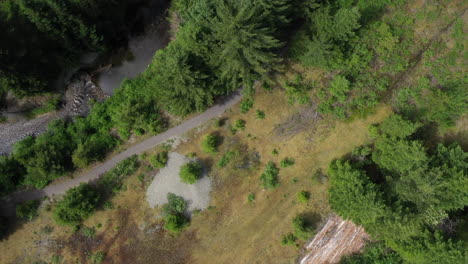 aerial overhead drone top down view of winding path through mountain trail