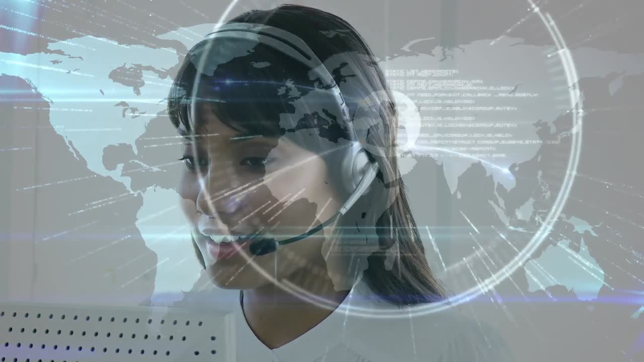Animazione di reti di connessioni su un uomo d'affari che usa auricolari telefonici
