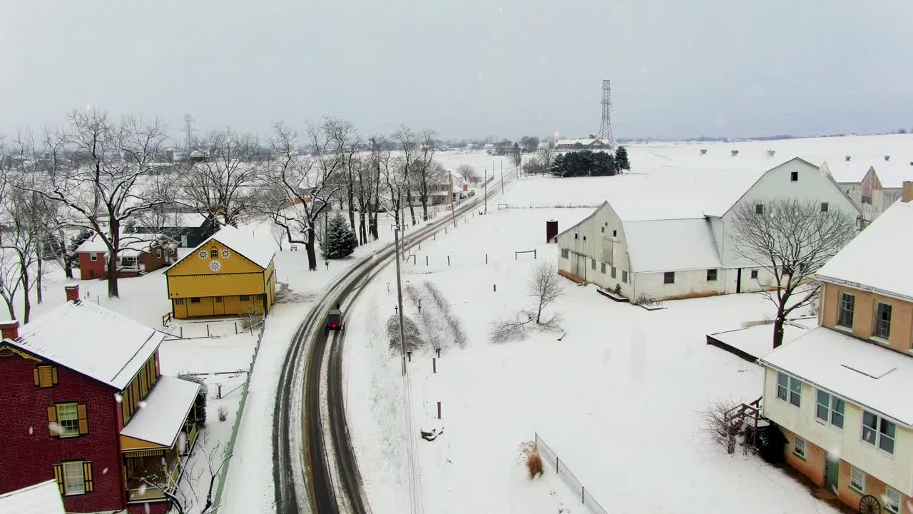 겨울 눈보라 동안 눈 덮인 도로에 아미쉬 버기