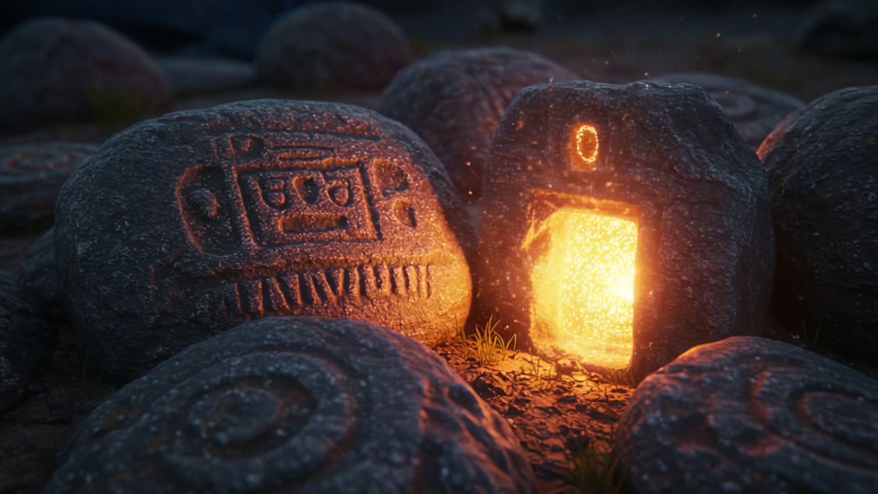 Mysterious Stones with Ancient Symbols and Glowing Doorway: An Enigmatic Scene of Wonder and Discovery Captured Through Time