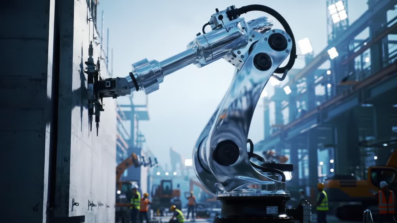 Advanced Industrial Robot Arm Engaging with Structural Components in a Modern Factory Setting, Optimizing Automated Construction Processes and Efficiency