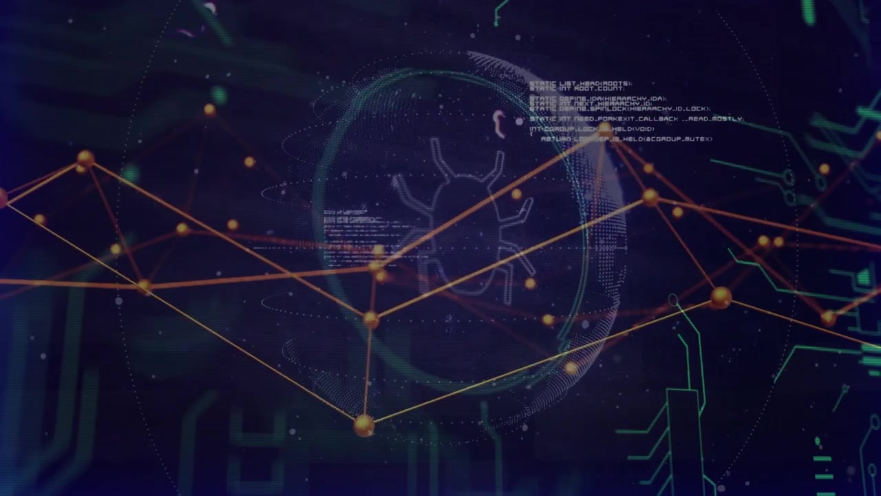 Holographic dotted globe and orange lattice reacting to data pulse, revealing bug icon for security