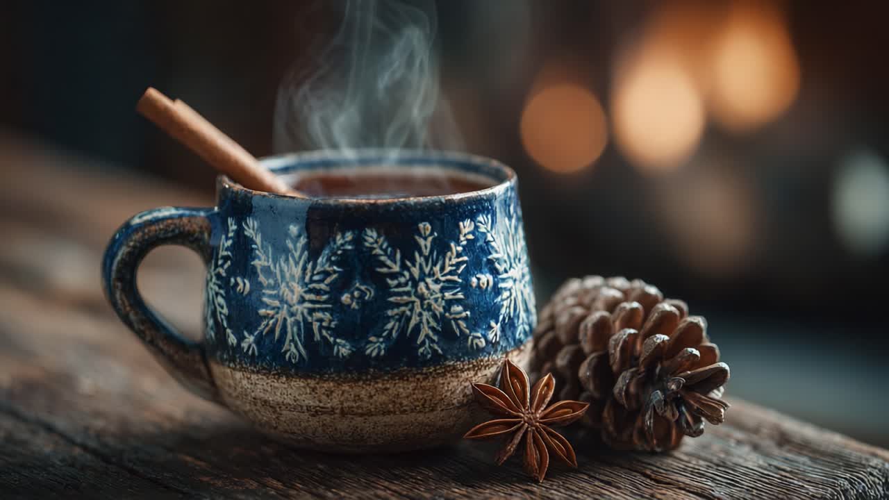 Cozy Winter Cup of Hot Beverage with Cinnamon Stick, Surrounded by Pinecone and Anise Star, Creating a Warm Atmosphere by the Hearth