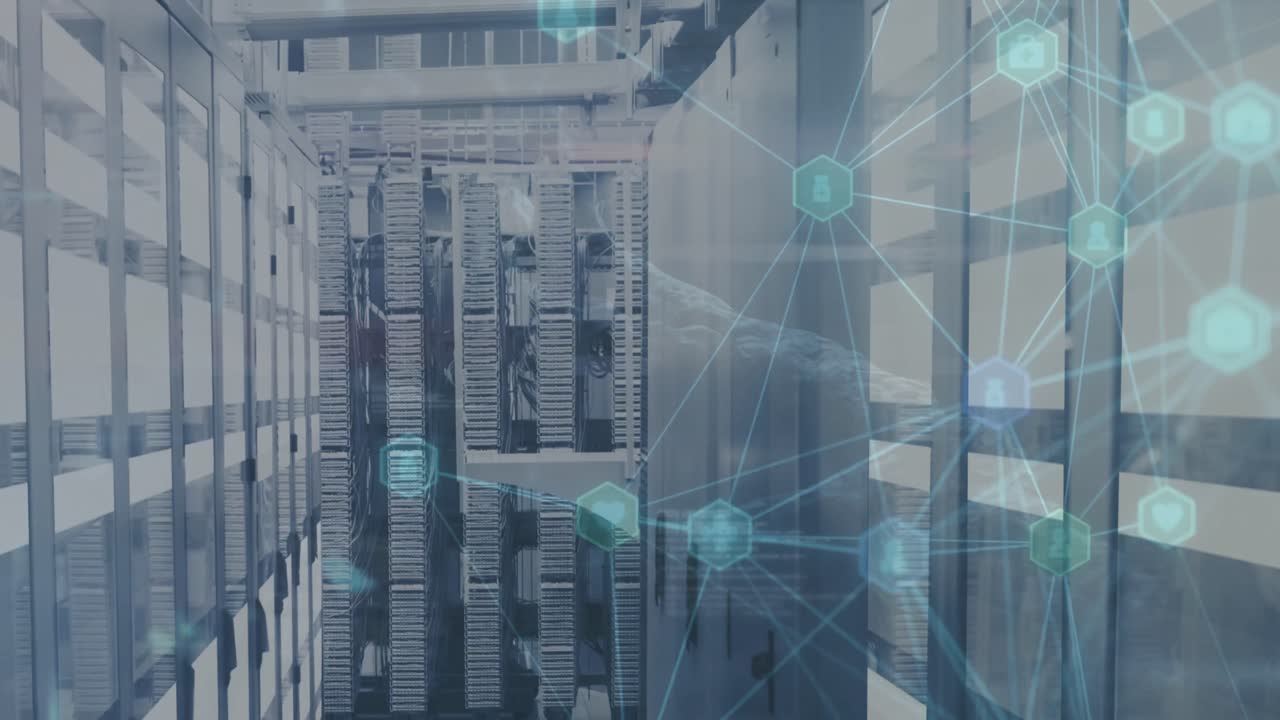 Animation of spinning globe of medical icons and light trails against computer server room