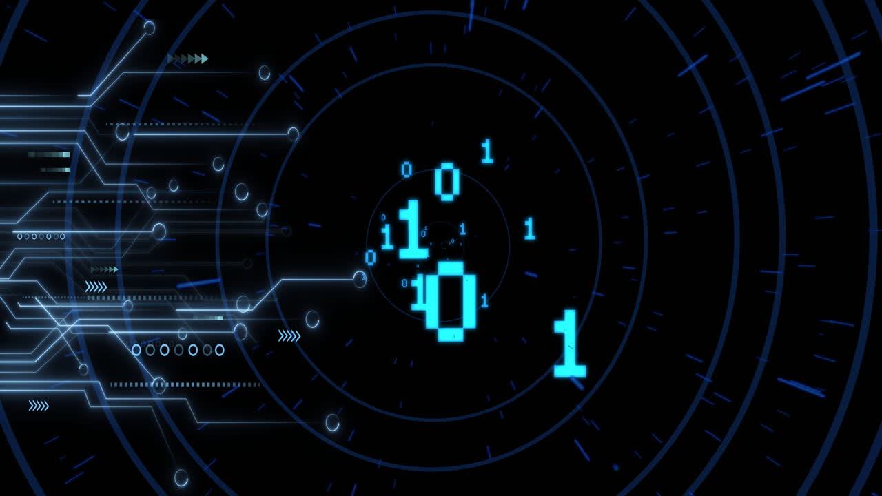 Animation of digital interface elements with binary code for futuristic technology