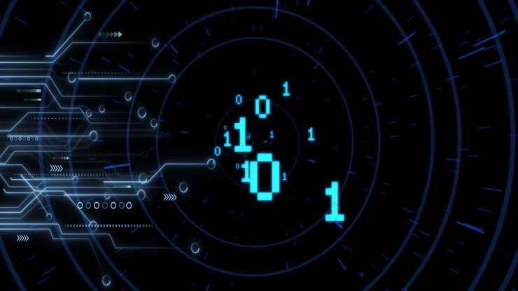 Animation of digital interface elements with binary code for futuristic technology
