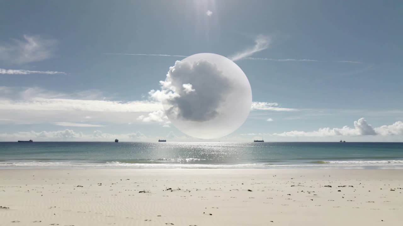 Sfera trasparente che fluttua sulla riva, luce solare che colpisce il bordo, nuvola interna che si sposta e risplende sul mare per la tecnologia